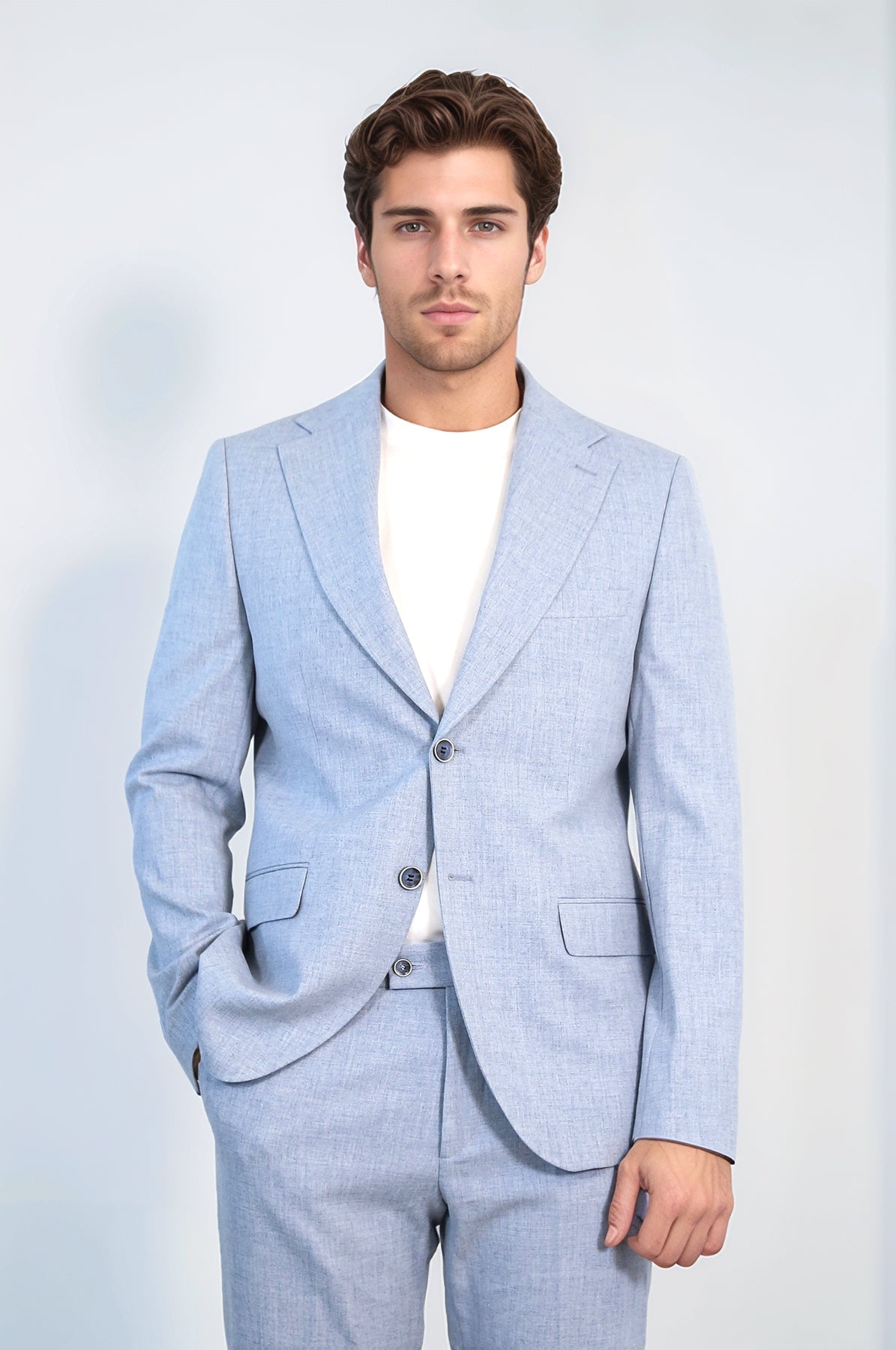 Ice Blue Slim Fit Two-Button Linen Men’s Suit - Wessi