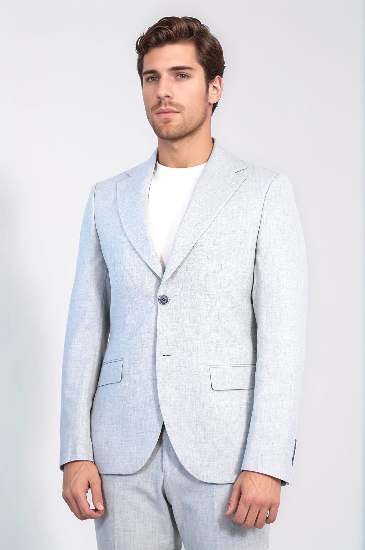 Light Blue Slim Fit Two-Button Linen Men's Suit - Wessi
