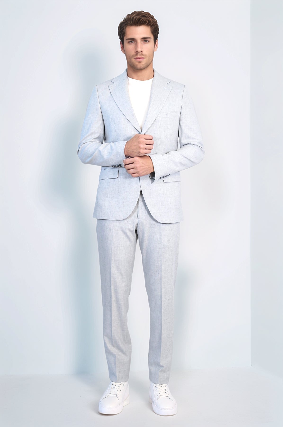 Light Blue Slim Fit Two-Button Linen Men's Suit - Wessi