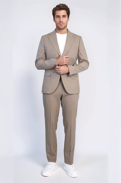 Taupe Slim Fit Two-Button Linen Men’s Suit - Wessi