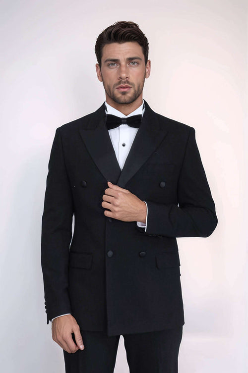 Slim Fit Double-Breasted Black Tuxedo Suit with Satin Lapel – Wessi