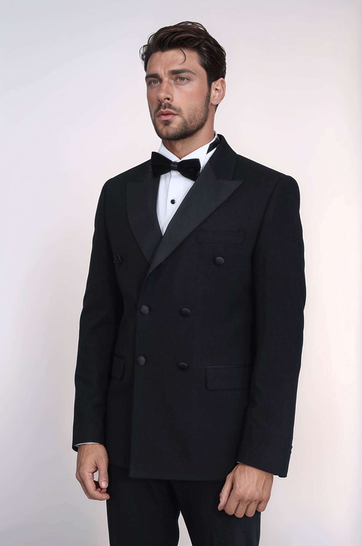 Slim Fit Double-Breasted Black Tuxedo Suit with Satin Lapel – Wessi