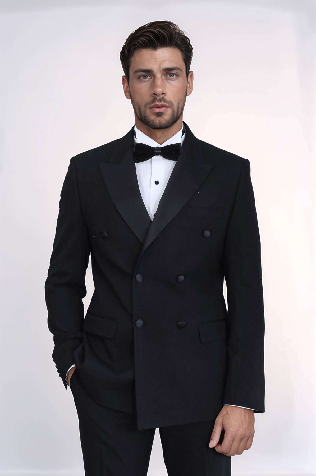 Slim Fit Double-Breasted Black Tuxedo Suit with Satin Lapel – Wessi