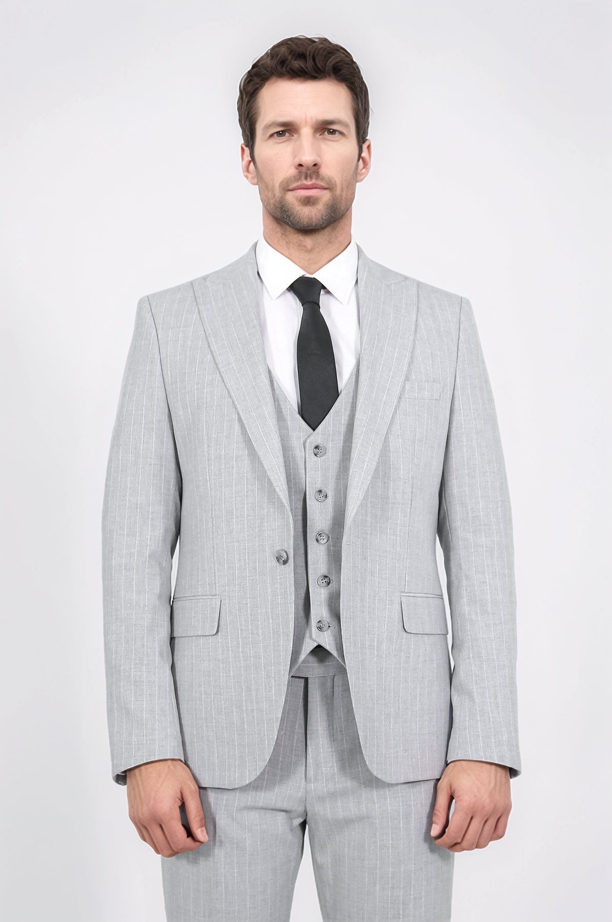 Pinstripe Single Button Vested Light Grey Men's Suit – Wessi
