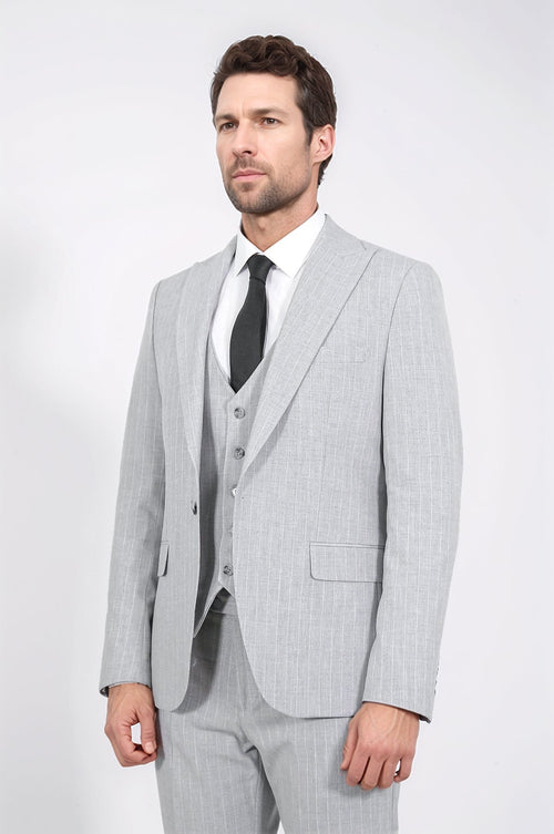 Pinstripe Single Button Vested Light Grey Men's Suit – Wessi