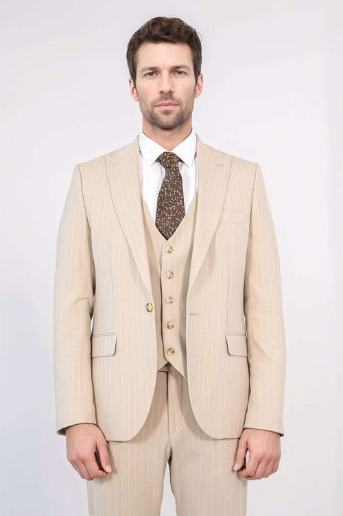 Pinstripe Single Button Vested Cream Men's Suit – Wessi