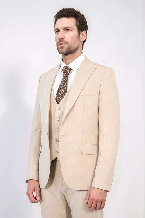 Pinstripe Single Button Vested Cream Men's Suit – Wessi