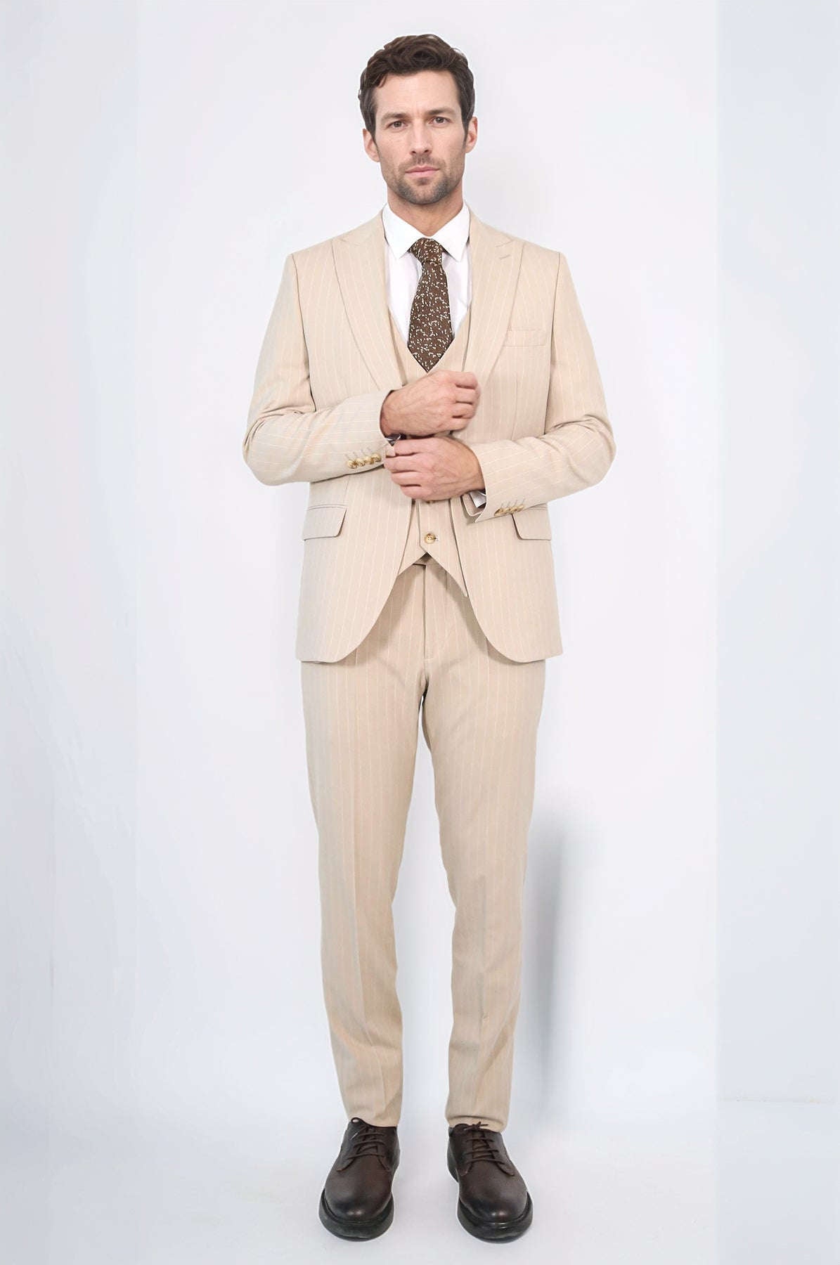 Pinstripe Single Button Vested Cream Men's Suit – Wessi
