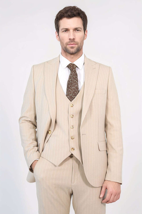 Pinstripe Single Button Vested Cream Men's Suit – Wessi