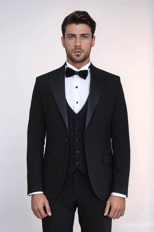 Classic Black Tuxedo Suit with Satin Peak Lapel and Waistcoat – Wessi