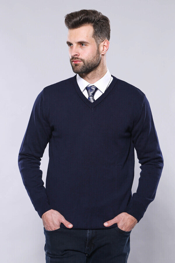 V Neck Dark Blue Knitwear | Wessi
