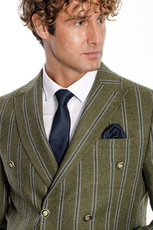 Wide Lapel Striped Double Breasted Green Men Blazer - Wessi