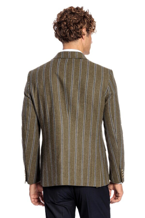Wide Lapel Striped Double Breasted Green Men Blazer - Wessi