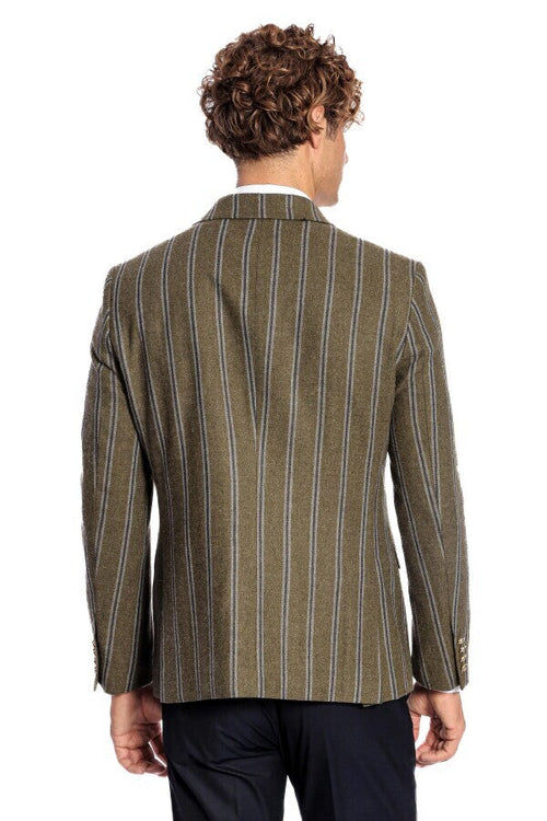 Wide Lapel Striped Double Breasted Green Men Blazer - Wessi