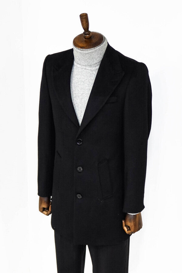 Wide Lapel Wool Black Men Coat - Wessi