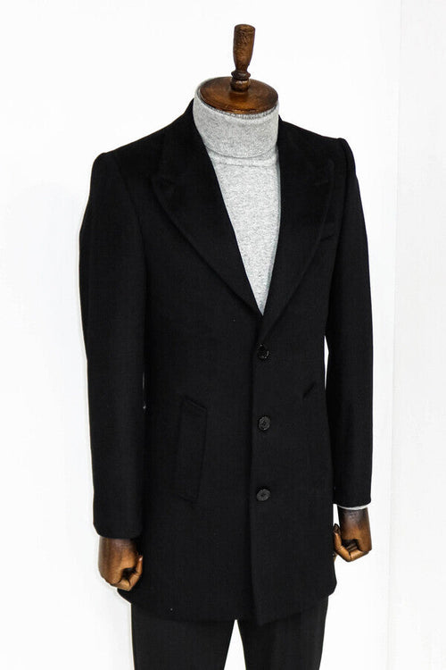 Wide Lapel Wool Black Men Coat - Wessi