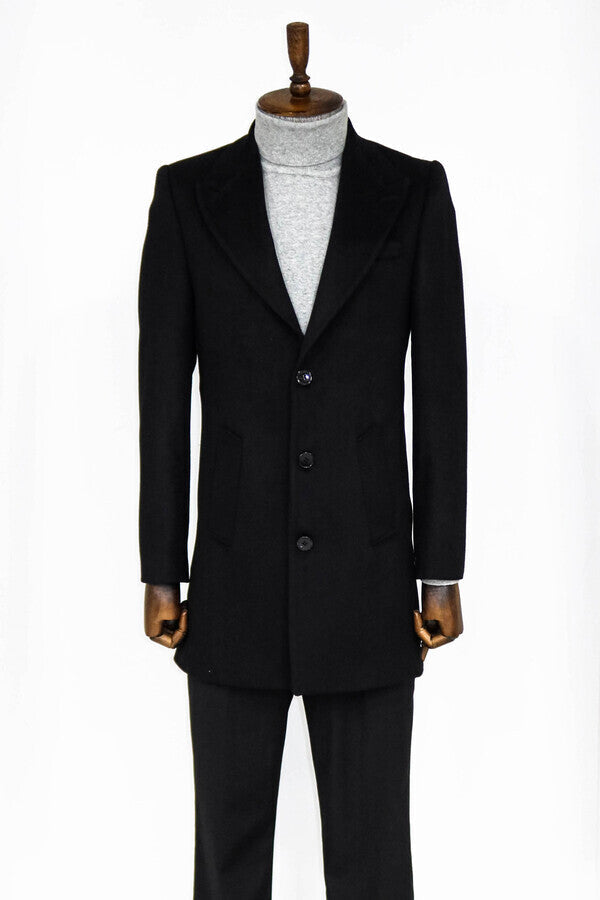 Wide Lapel Wool Black Men Coat - Wessi