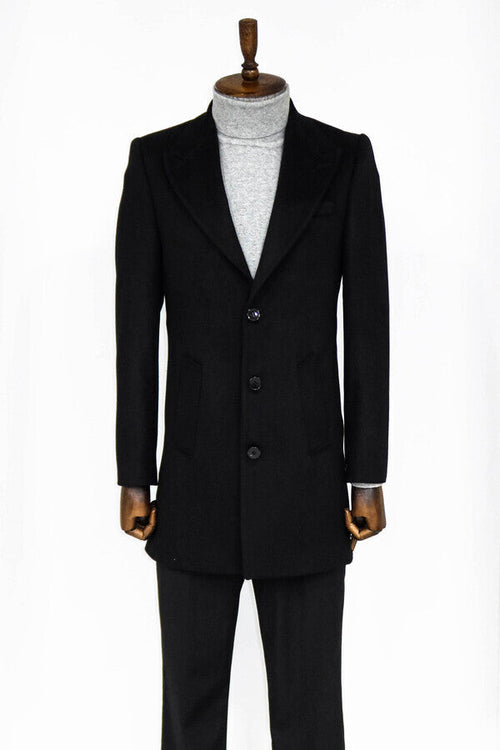 Wide Lapel Wool Black Men Coat - Wessi