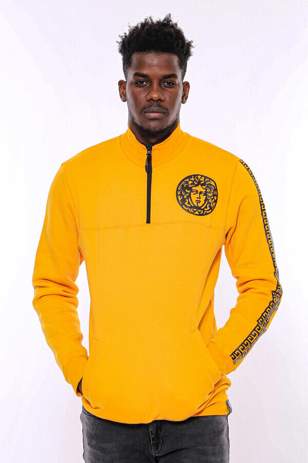 Yellow Mandarin Collar Patterned Sweatshirt - Wessi